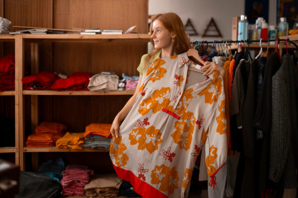 Femeie ținând rochie florală într-un magazin