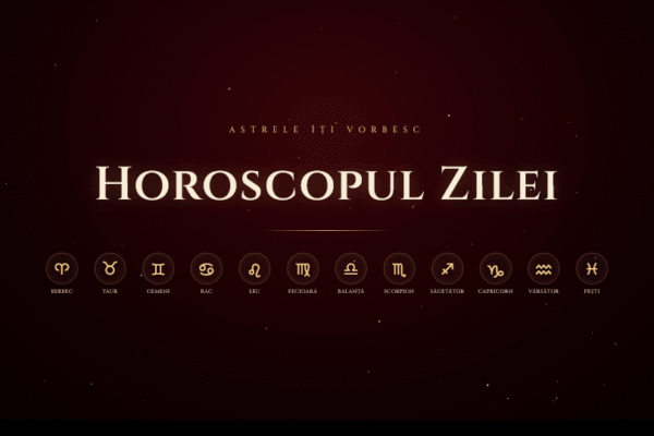 Banner roșu Horoscopul Zilei cu simboluri zodiacale